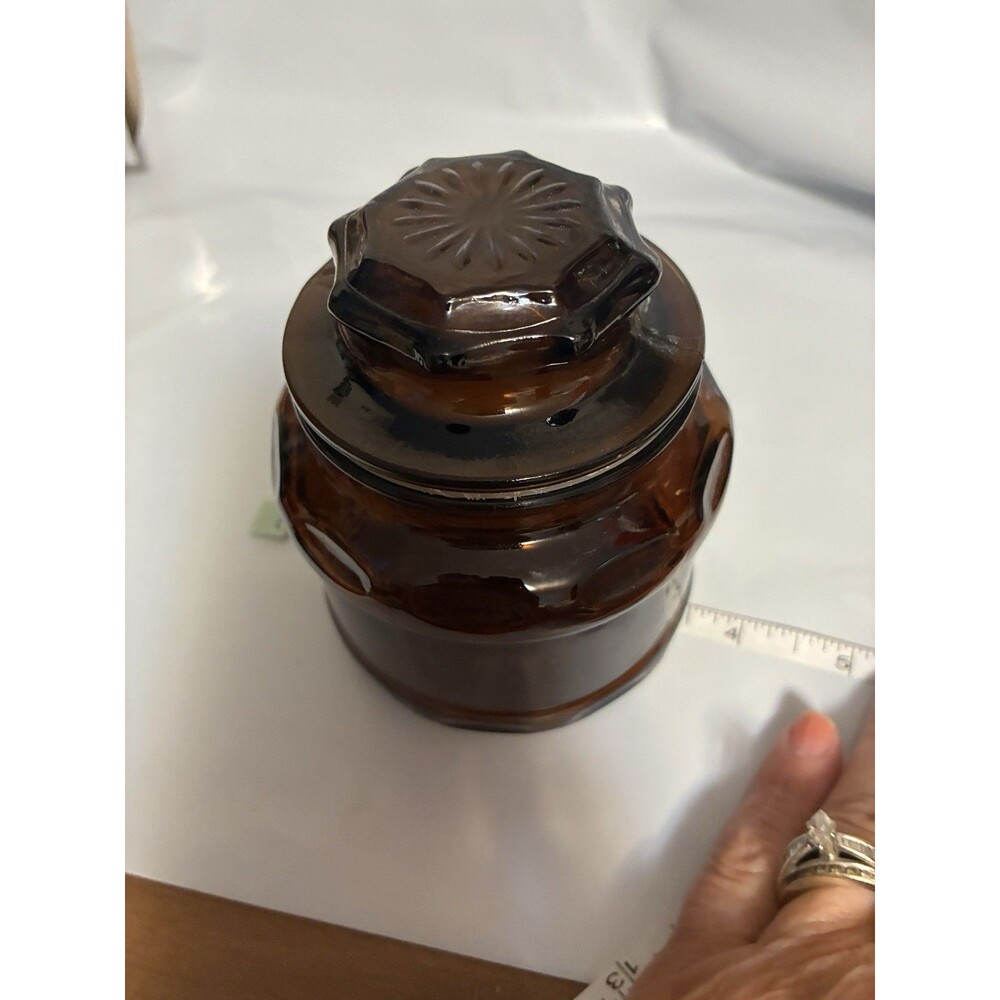 Vintage Dark Amber Glass Thumbprint Body & Starburst Pattern Lid Cremora Jar - Picture 12 of 12